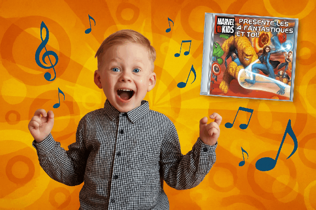 CD personnalisé Les 4 Fantastiques avec prénom Petit garçon danse et s'emerveille en écoutant son CD personnalisé Les 4 fantastiques avec son prénom
