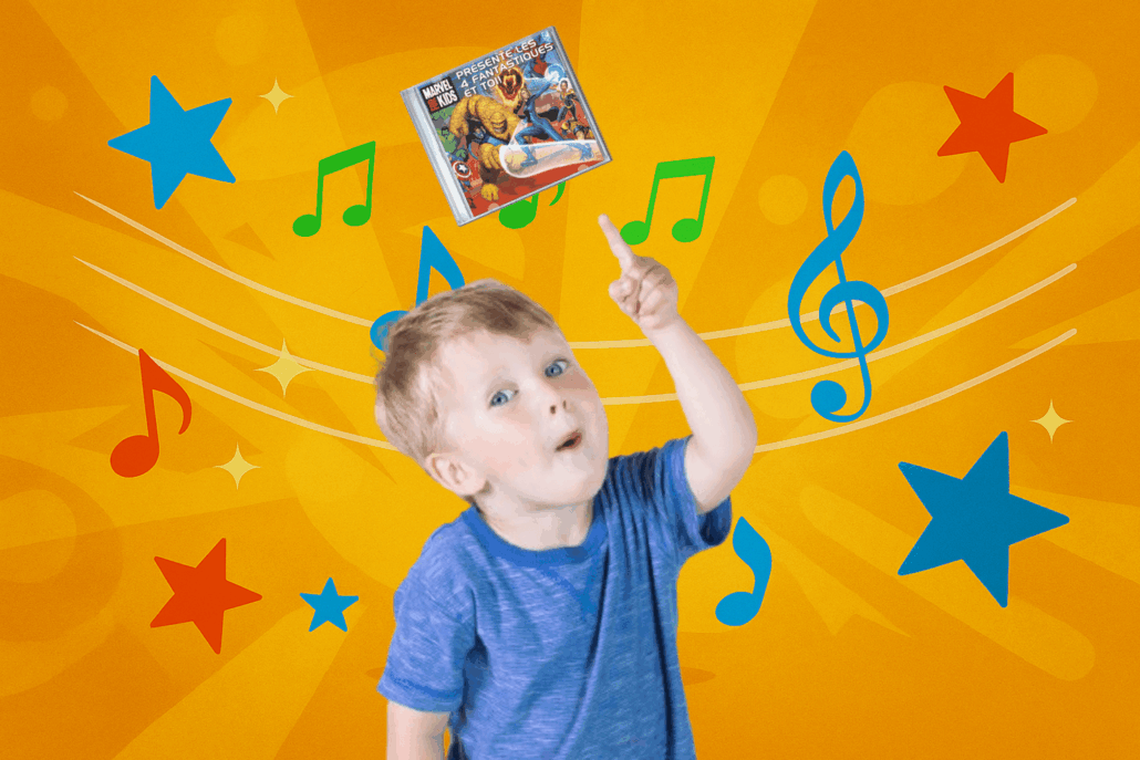 CD personnalisé avec prénom les 4 fantastiques Petit garçcon écoute le CD personnalisé Les 4 Fantastiques avec son prénom