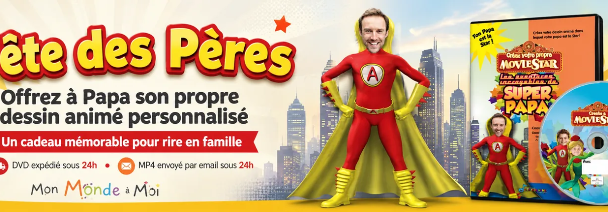 Bannière Fête des Pères pour Super Papa, dessin animé personnalisé avec photo et prénom de Papa, cadeau original à regarder en famille.