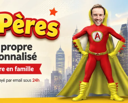 Bannière Fête des Pères pour Super Papa, dessin animé personnalisé avec photo et prénom de Papa, cadeau original à regarder en famille.