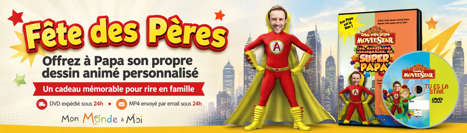 banniere-fete-des-peres-dessin-anime-personnalise-super-papa Bannière Fête des Pères pour Super Papa, dessin animé personnalisé avec photo et prénom de Papa, cadeau original à regarder en famille.