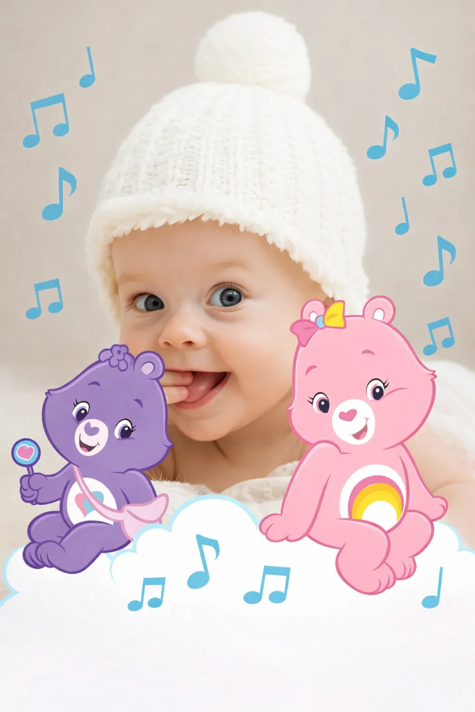 Bébé souriant entouré des Bisounours et de notes de musique album personnalisé