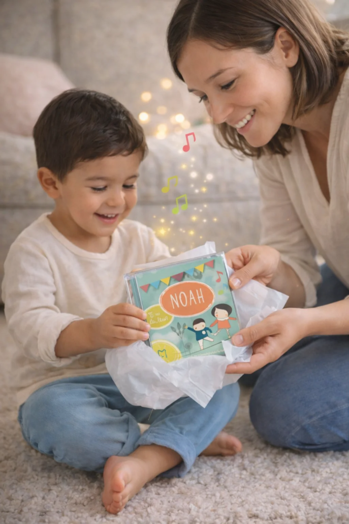 Petit garçon de 4 ans recevant un CD personnalisé prénom enfant offert par sa maman