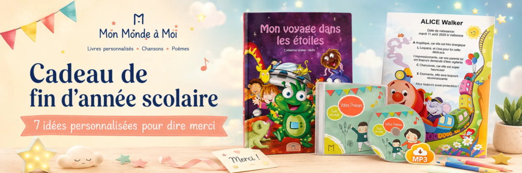 Bannière Mon Monde à Moi présentant des idées de cadeaux personnalisés de fin d’année scolaire avec livre, chanson, poème et création personnalisée pour remercier la maîtresse, l’ATSEM ou la nounou.