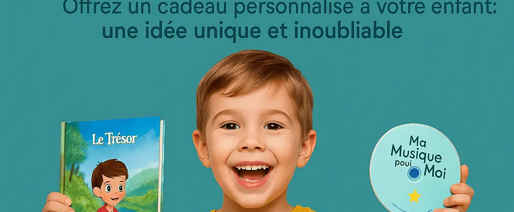 enfant souriant montrant ses cadeaux personnalisés