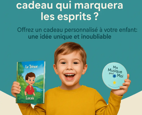 enfant souriant montrant ses cadeaux personnalisés