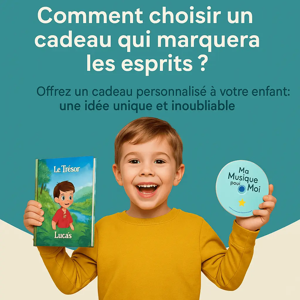 enfant souriant montrant ses cadeaux personnalisés