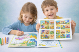 cahier-activites-enfants-coloriage Deux enfants coloriage cahier d’activités éducatif ouvert sur une table