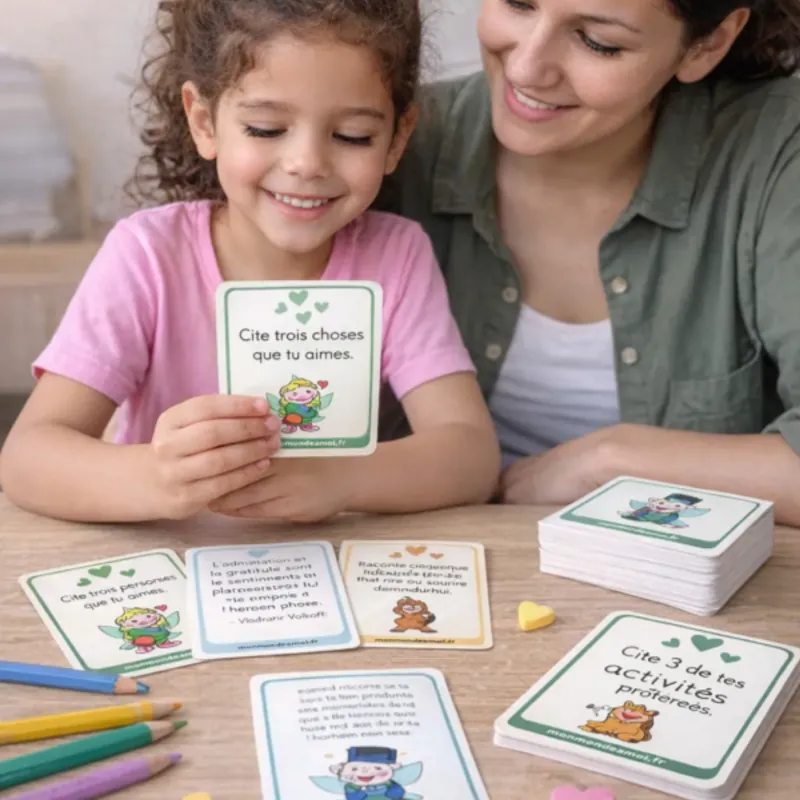 cartes-gratitude-enfant-parent enfant et maman utilisant des cartes de gratitude pour développer les émotions positives