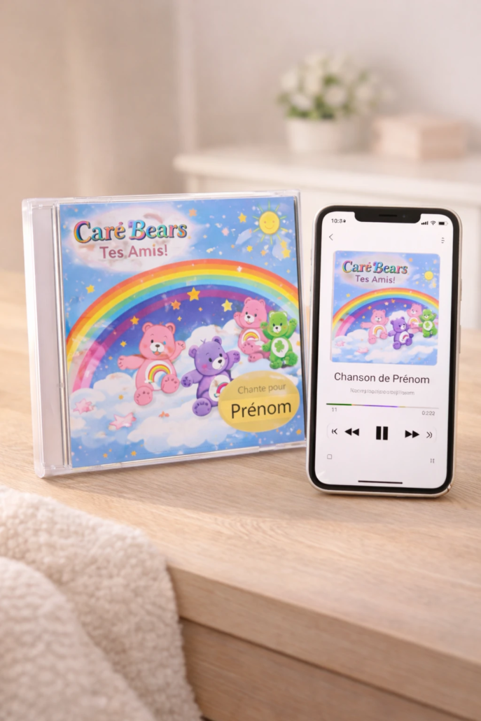 CD personnalisé Bisounours et téléchargement MP3 affiché sur smartphone pour bébé