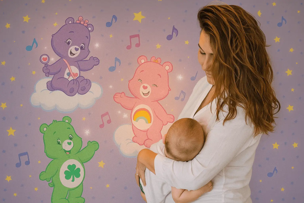 Une maman avec son bébé écoute les chansons et comptines personnalisées les Bisounours
