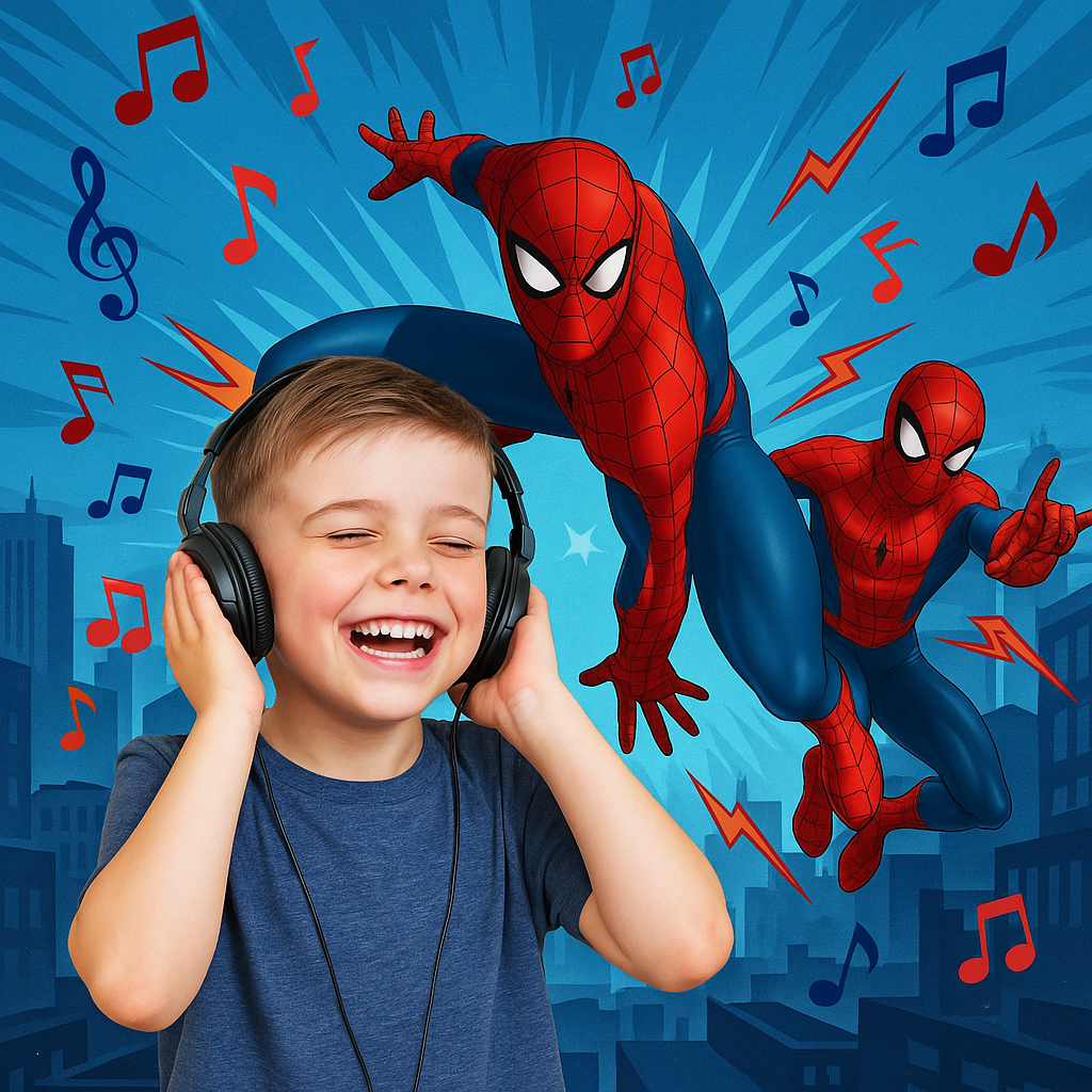 chansons personnalisées pour les garçons spiderman et toi Petit garçon heureux écoute les musique personnalisée pour garçon Spiderman