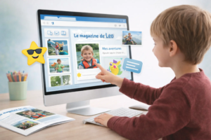 creation-magazine-enfant-ordinateur Enfant créant un magazine personnalisé sur ordinateur avec CreaKidz