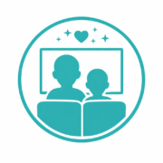 Icône famille regardant un dessin animé personnalisé avec photo et prénom de l’enfant