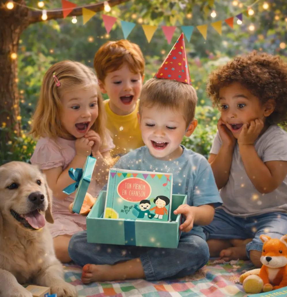 enfant ouvre coffret CD personnalisé et est émerveillé avec ses camarades