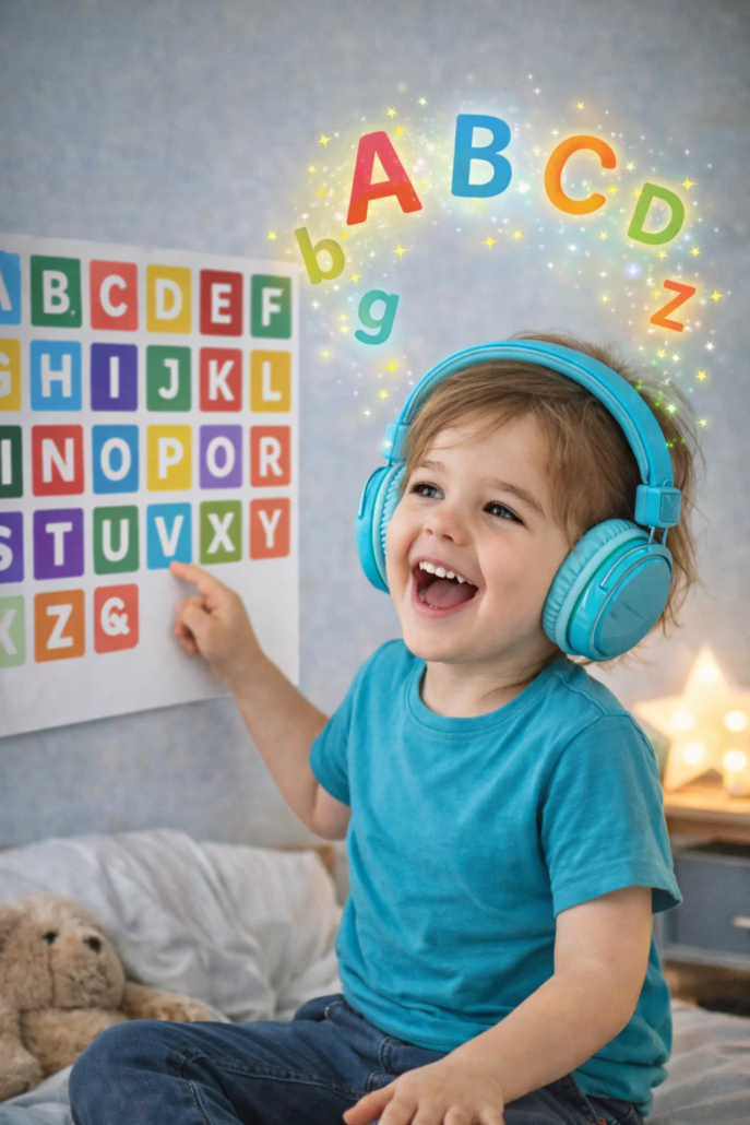 enfant-apprend-alphabet-chanson-personnalisee (1) Enfant apprenant l’alphabet en musique avec un casque audio et des lettres colorées autour de lui