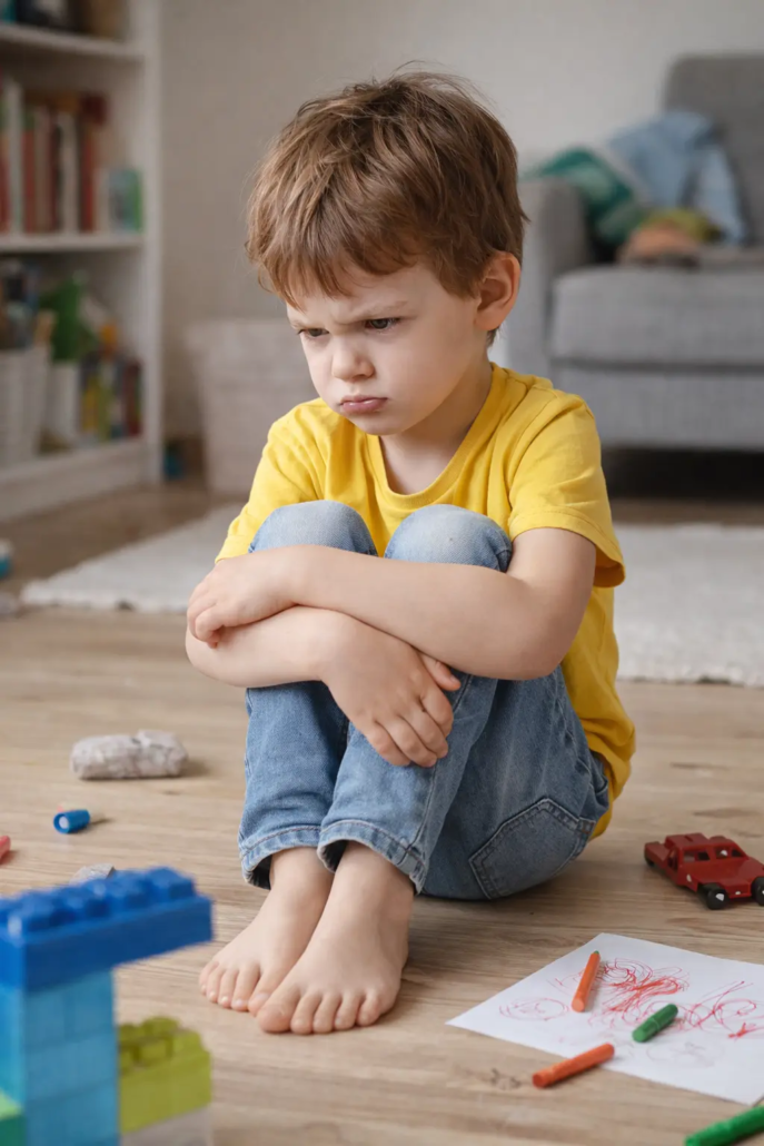 enfant-frustration-colere-emotions-enfant.webp enfant frustré assis par terre avec jouets difficulté à exprimer ses émotions