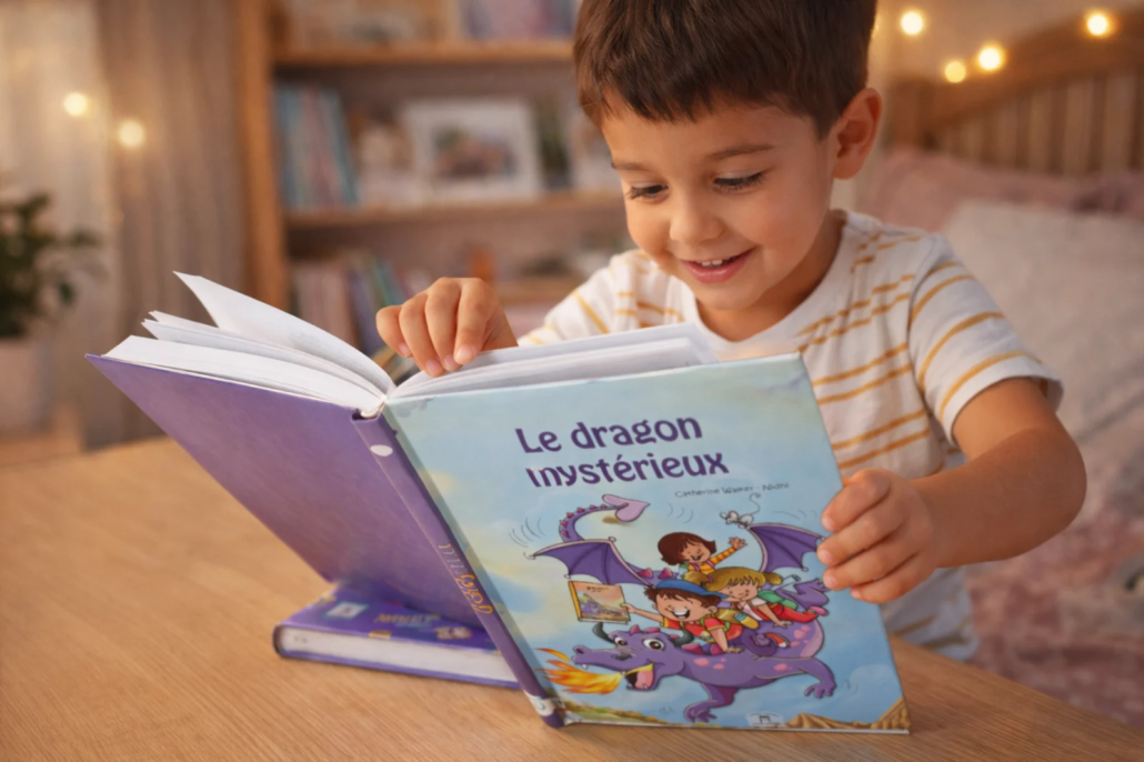 Enfant lisant le livre personnalisé Le dragon mystérieux dans une chambre chaleureuse