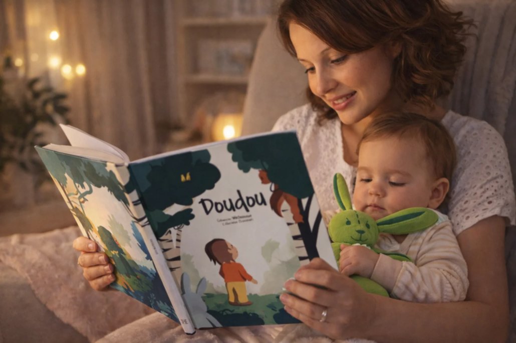 Maman lisant le livre Doudou à son bébé avec peluche verte dans une chambre lumineuse