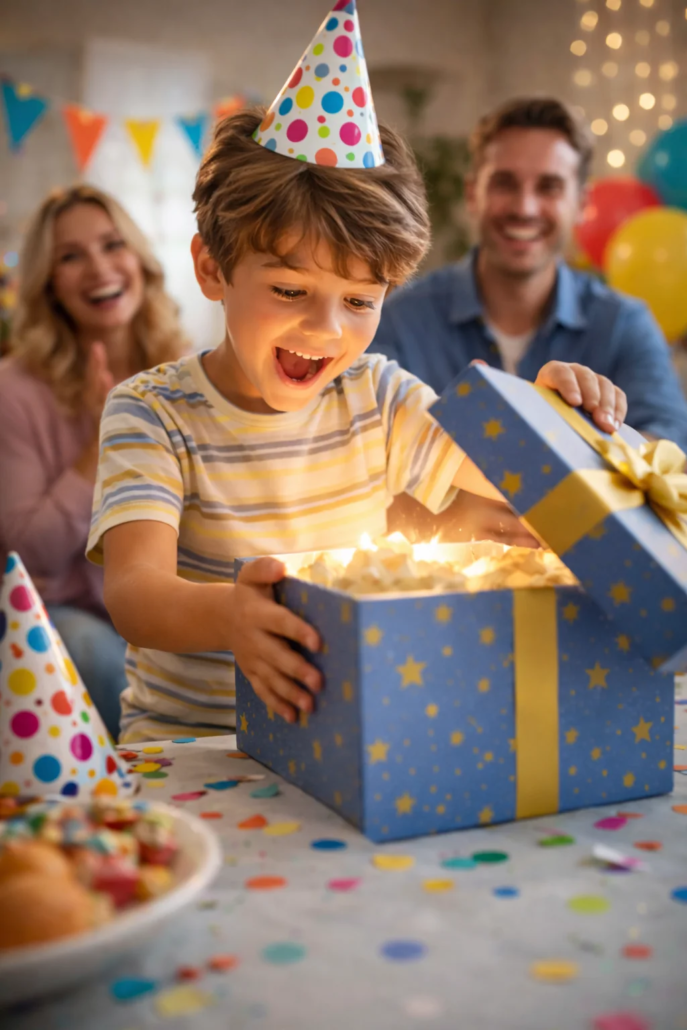 Enfant ouvrant un cadeau d’anniversaire personnalisé avec photo et prénom – dessin animé personnalisé