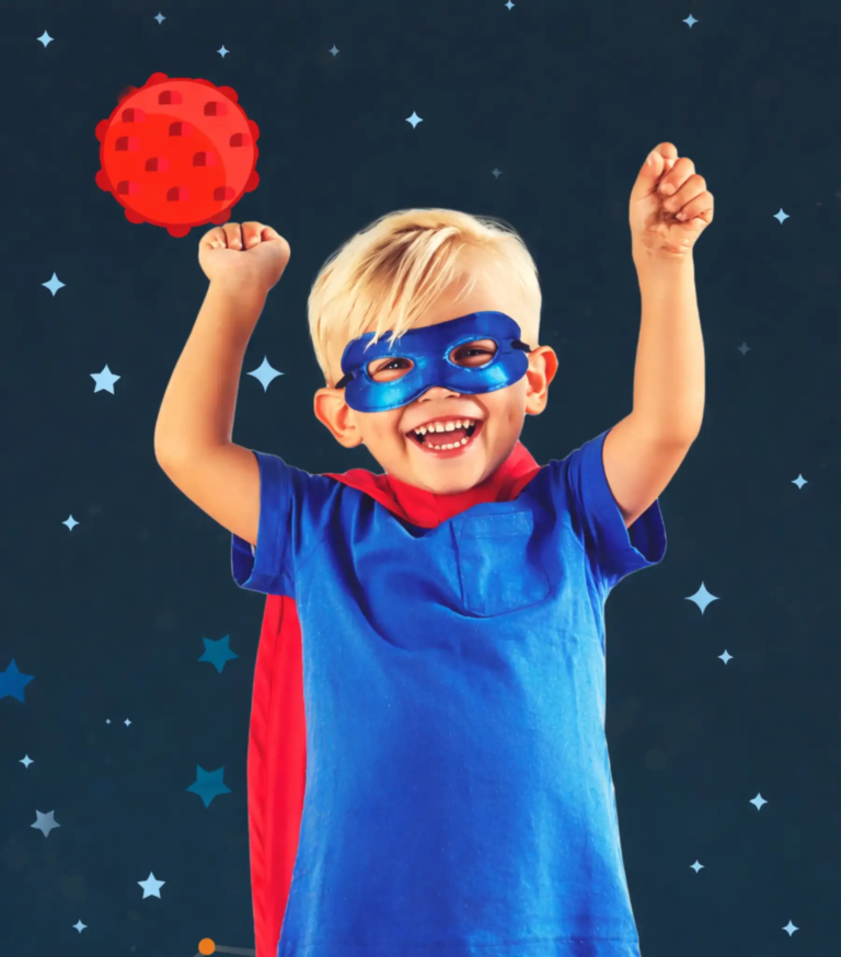 Enfant déguisé en super-héros levant les bras – illustration pour dessin animé personnalisé enfant