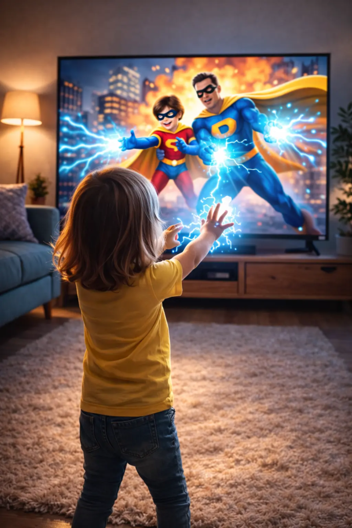 Enfant debout de dos imitant des super pouvoirs devant un dessin animé de super-héros à la télévision