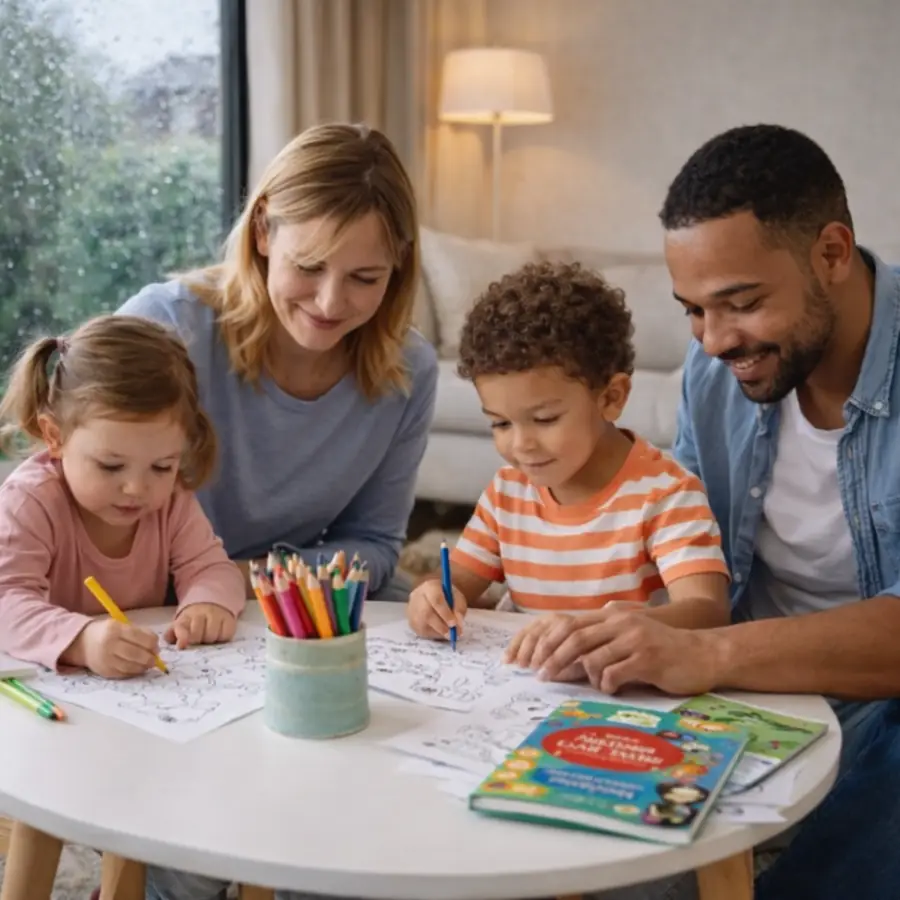 famille-activites-calmes-enfants-3-5-ans Famille partageant des activités calmes à la maison avec des enfants de 3 à 5 ans
