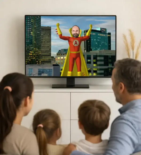 Famille regardant un dessin animé personnalisé super-héros avec intégration de la photo et du prénom