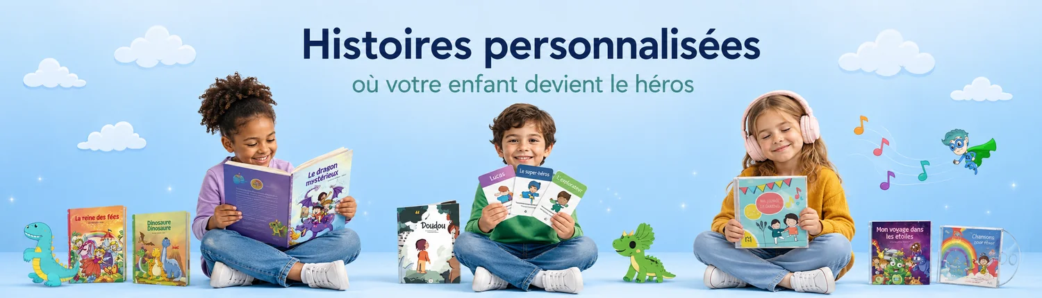 Bannière Mon Monde à Moi avec enfants découvrant des histoires personnalisées, livres et chansons pour enfants