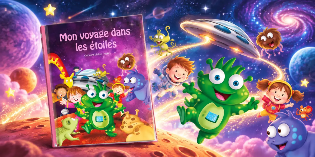 Livre personnalisé « Mon voyage dans les étoiles » entouré de personnages fantastiques et d'enfants explorant un univers spatial magique.