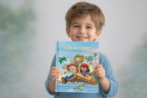 livre-personnalise-enfant-aventure Enfant tenant un livre personnalisé d’aventure L’île au trésor
