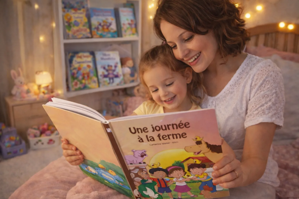 Maman et petite fille lisant le livre Une journée à la ferme dans une chambre avec guirlandes lumineuses