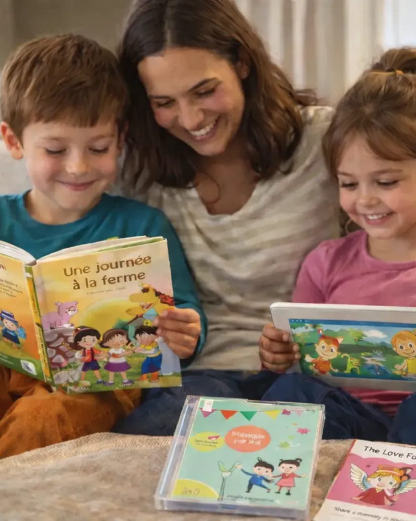 mon-monde-a-moi-famille-produits-portrait-vertical Famille avec enfants utilisant livre personnalisé, dessin animé et CD Mon Monde à Moi