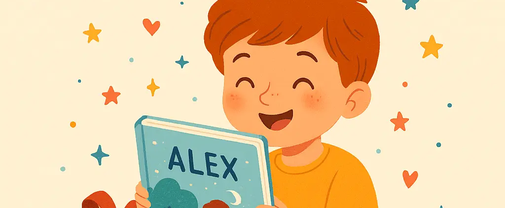 Petit garçon ouvre son cadeau qui est un livre personnalisé avec son prénom