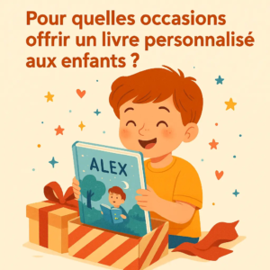 occasions-offrir-livre-personnalise Petit garçon ouvre son cadeau qui est un livre personnalisé avec son prénom