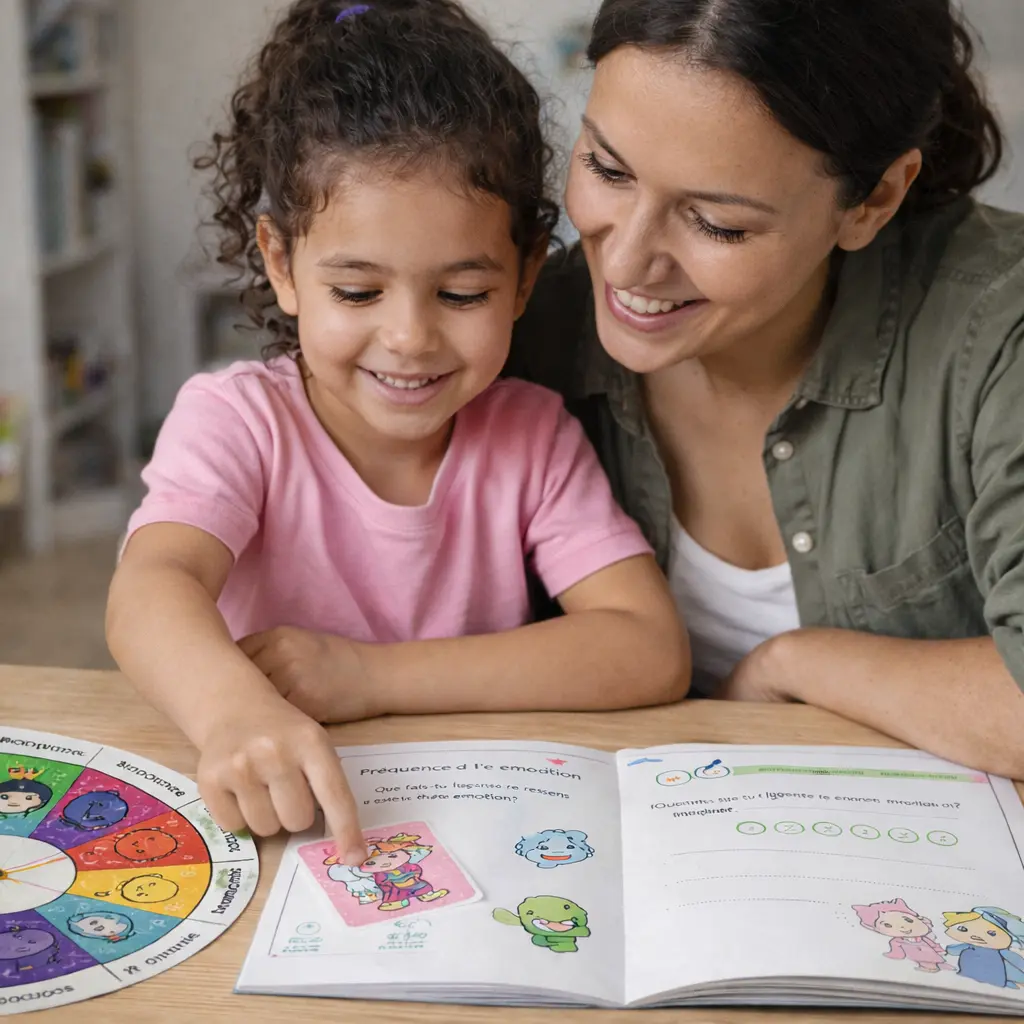 parent-enfant-apprendre-kit-emotions parent et enfant utilisant des cartes émotions pour apprendre à exprimer leurs émotions