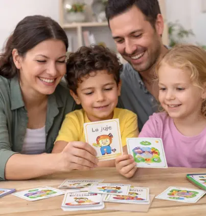 parents et enfants utilisant cartes émotions et jeux éducatifs en famille
