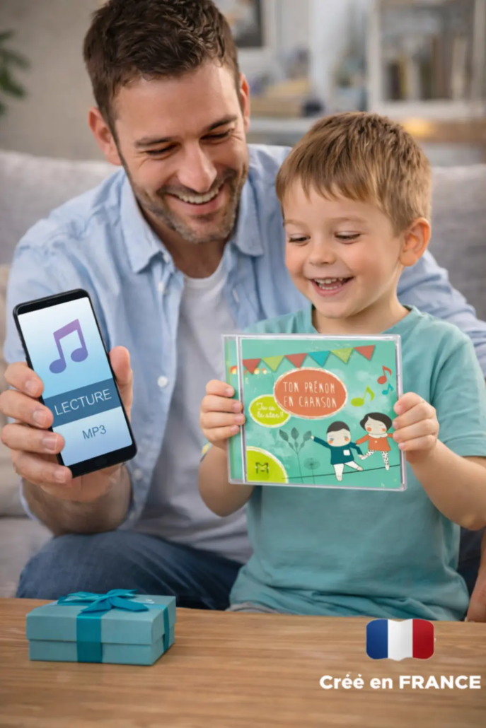 Père et enfant souriant tenant un coffret CD de musique personnalisée avec option téléchargement MP3