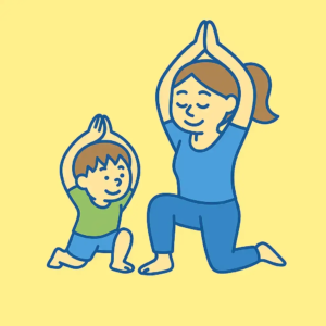 Maman et enfant faisant du yoga ensemble sur fond jaune, posture de l’arbre